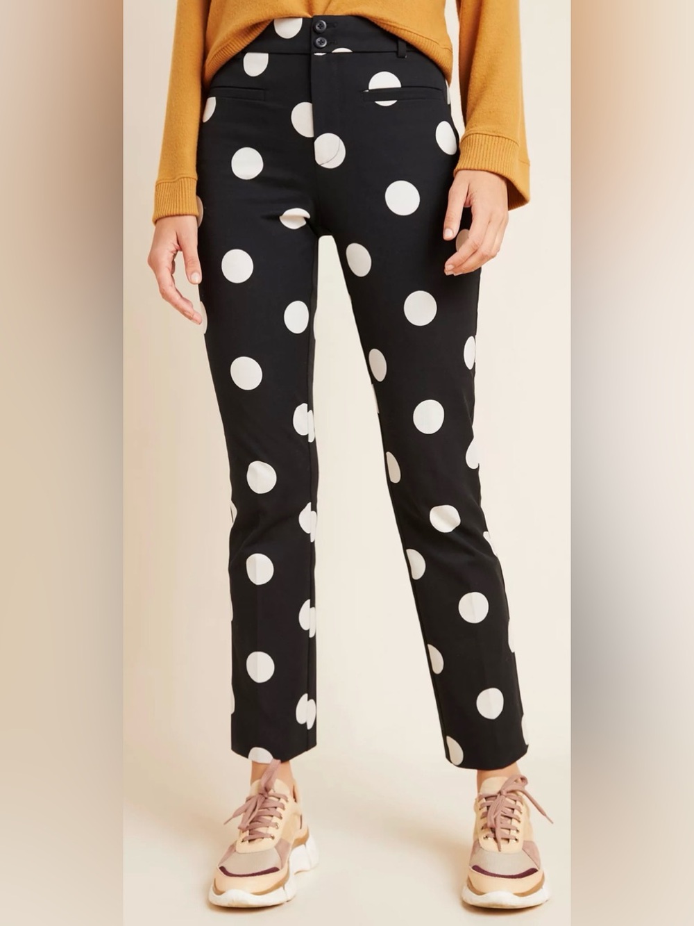 Anthropologie Skinny Kick Flare Polka Dot Pants Black Cream Size 4